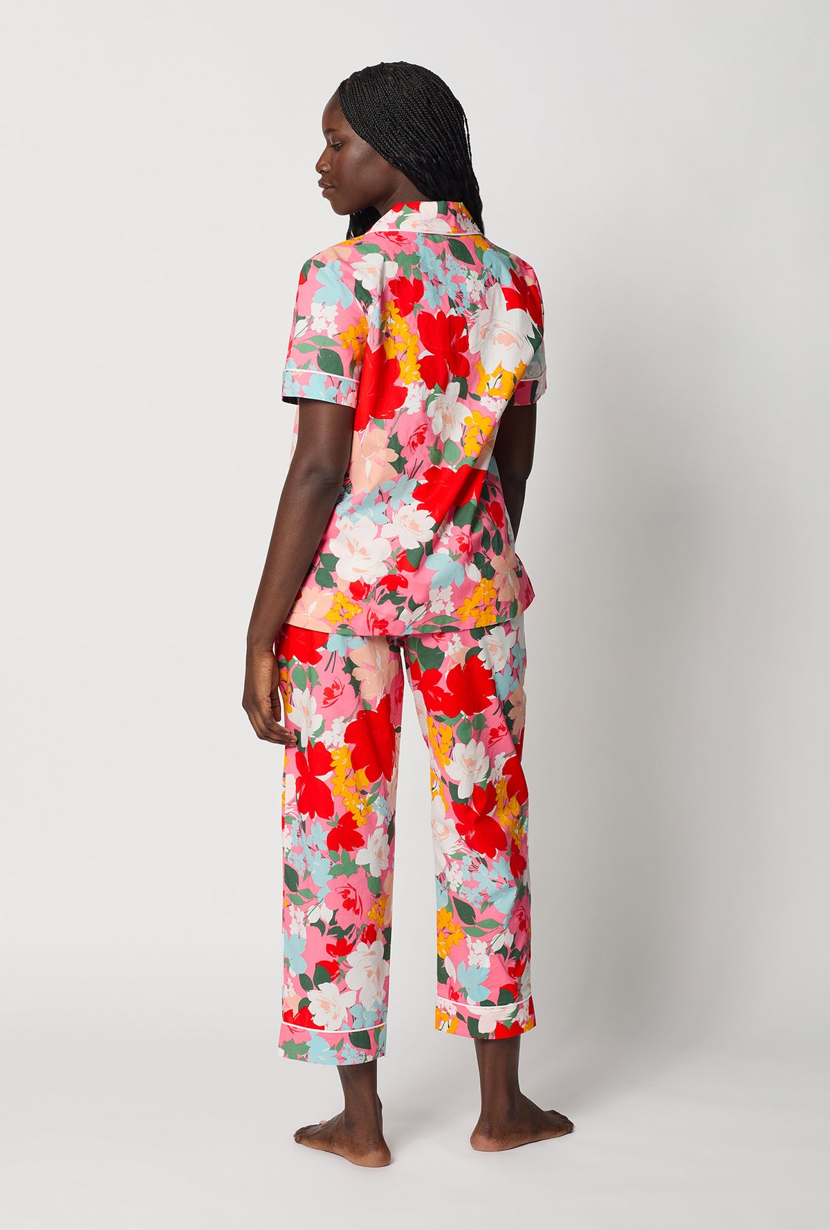 A lady wearing Cassandra Short Sleeve Classic Woven Cotton Poplin Cropped Pj Set