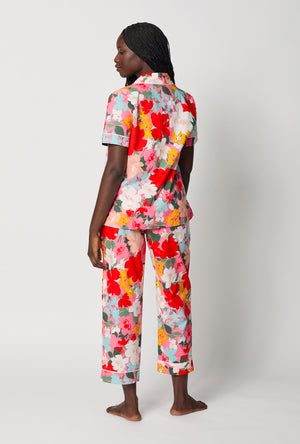 A lady wearing Cassandra Short Sleeve Classic Woven Cotton Poplin Cropped Pj Set