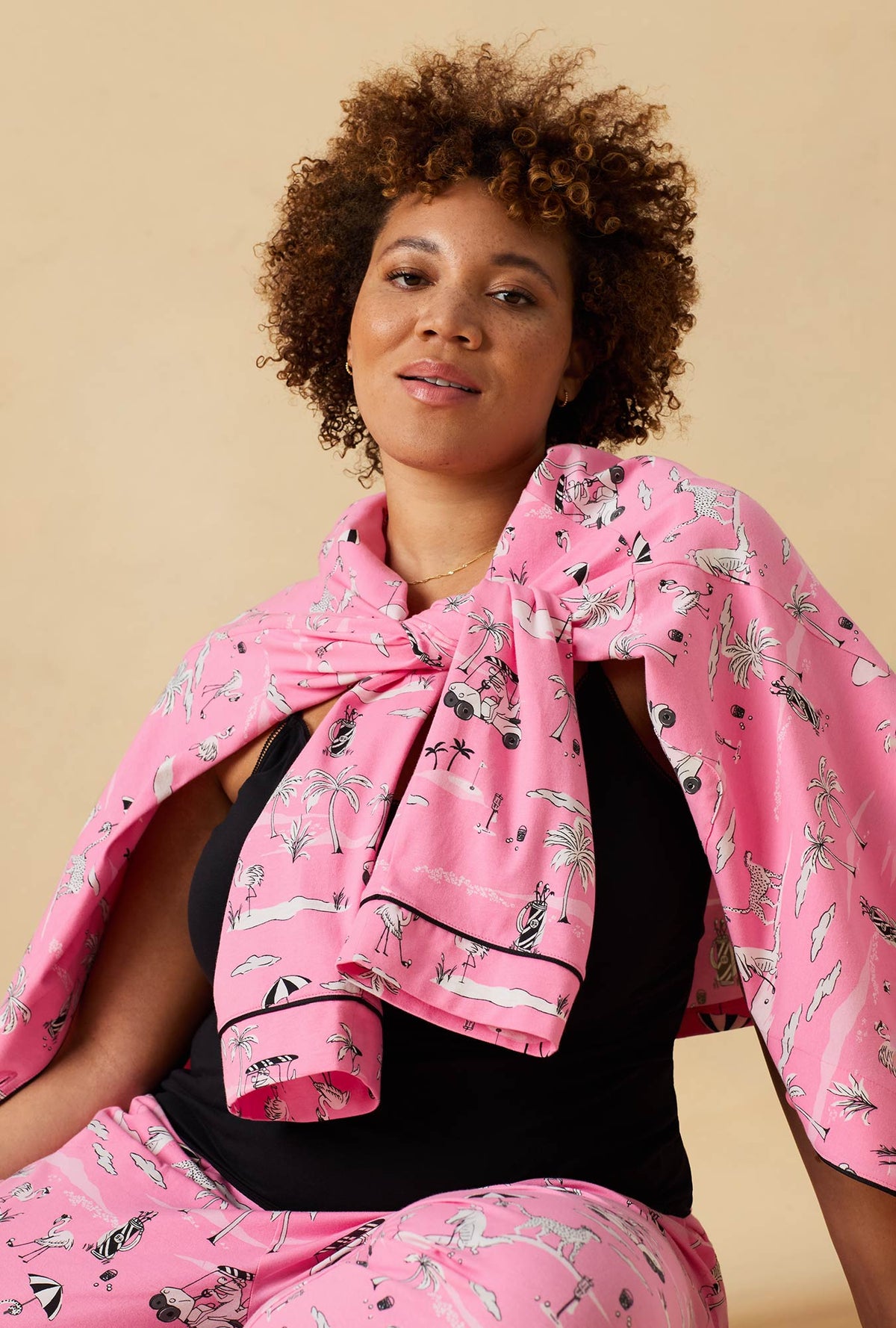 A lady wearing Putting Pink Long Sleeve Classic Stretch Jersey Pj Set