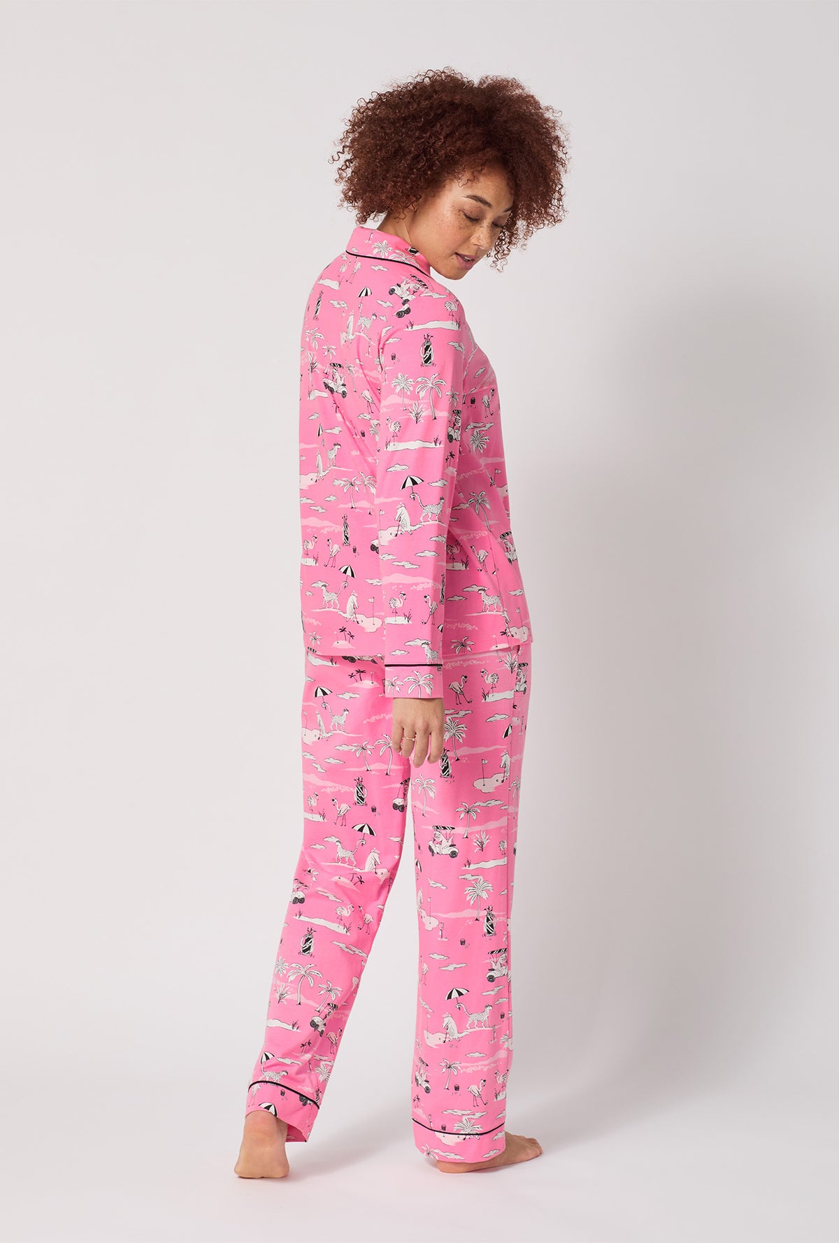 A lady wearing Putting Pink Long Sleeve Classic Stretch Jersey Pj Set