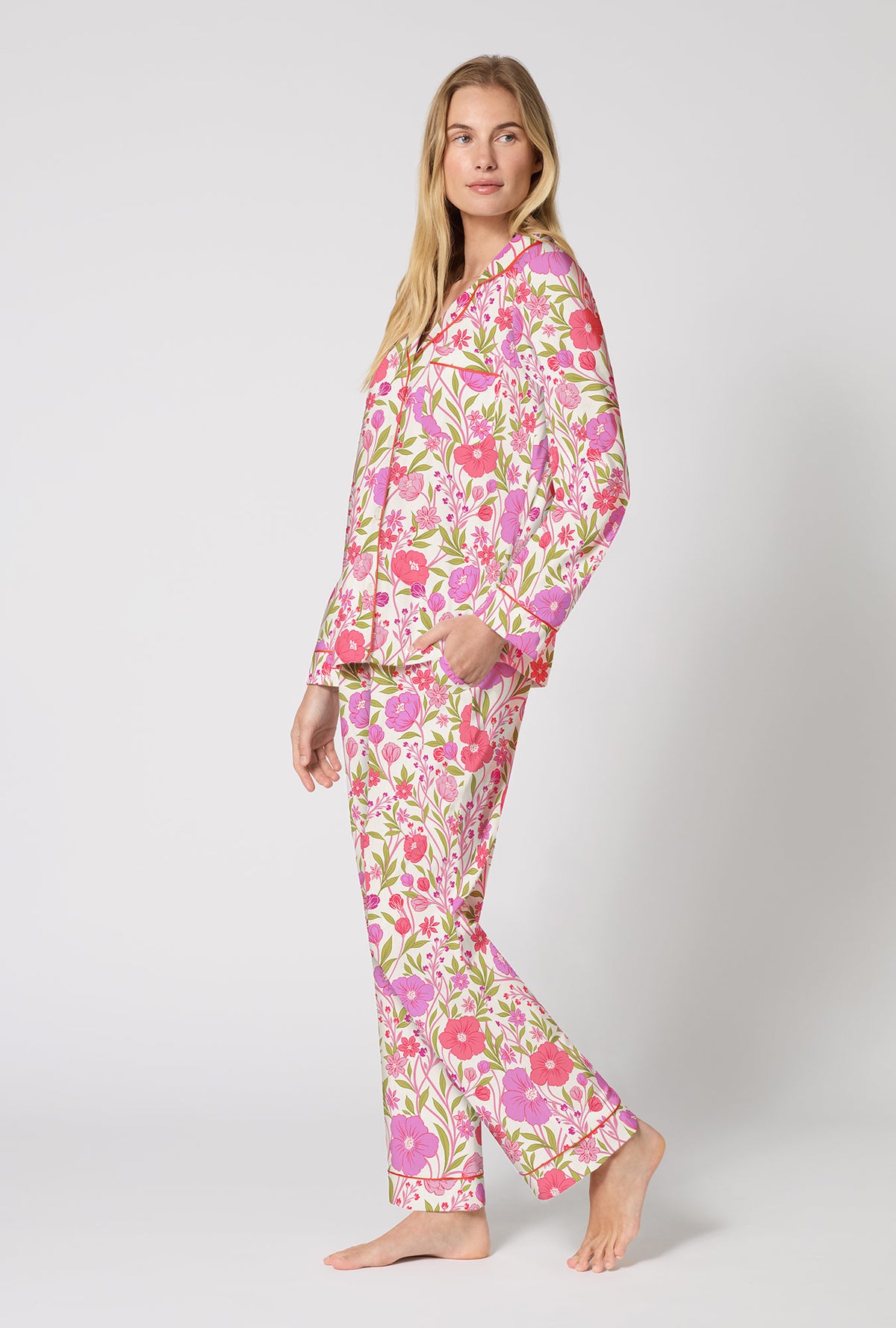 A Lady Wearing Josephine Long Sleeve Classic Stretch Jersey Pj Set in a side angled pose