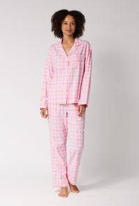 A lady wearing Prairie Plaid Long Sleeve Classic Woven Portuguese Flannel Pj Set