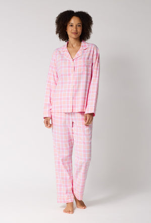 A lady wearing Prairie Plaid Long Sleeve Classic Woven Portuguese Flannel Pj Set