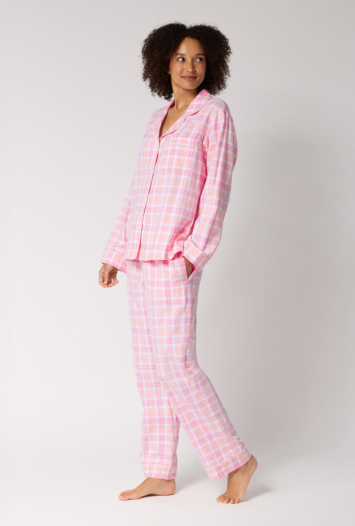 A lady wearing Prairie Plaid Long Sleeve Classic Woven Portuguese Flannel Pj Set looking side