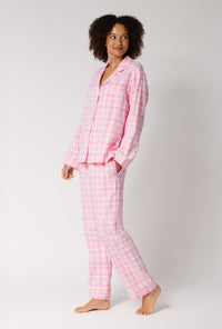 A lady wearing Prairie Plaid Long Sleeve Classic Woven Portuguese Flannel Pj Set looking side