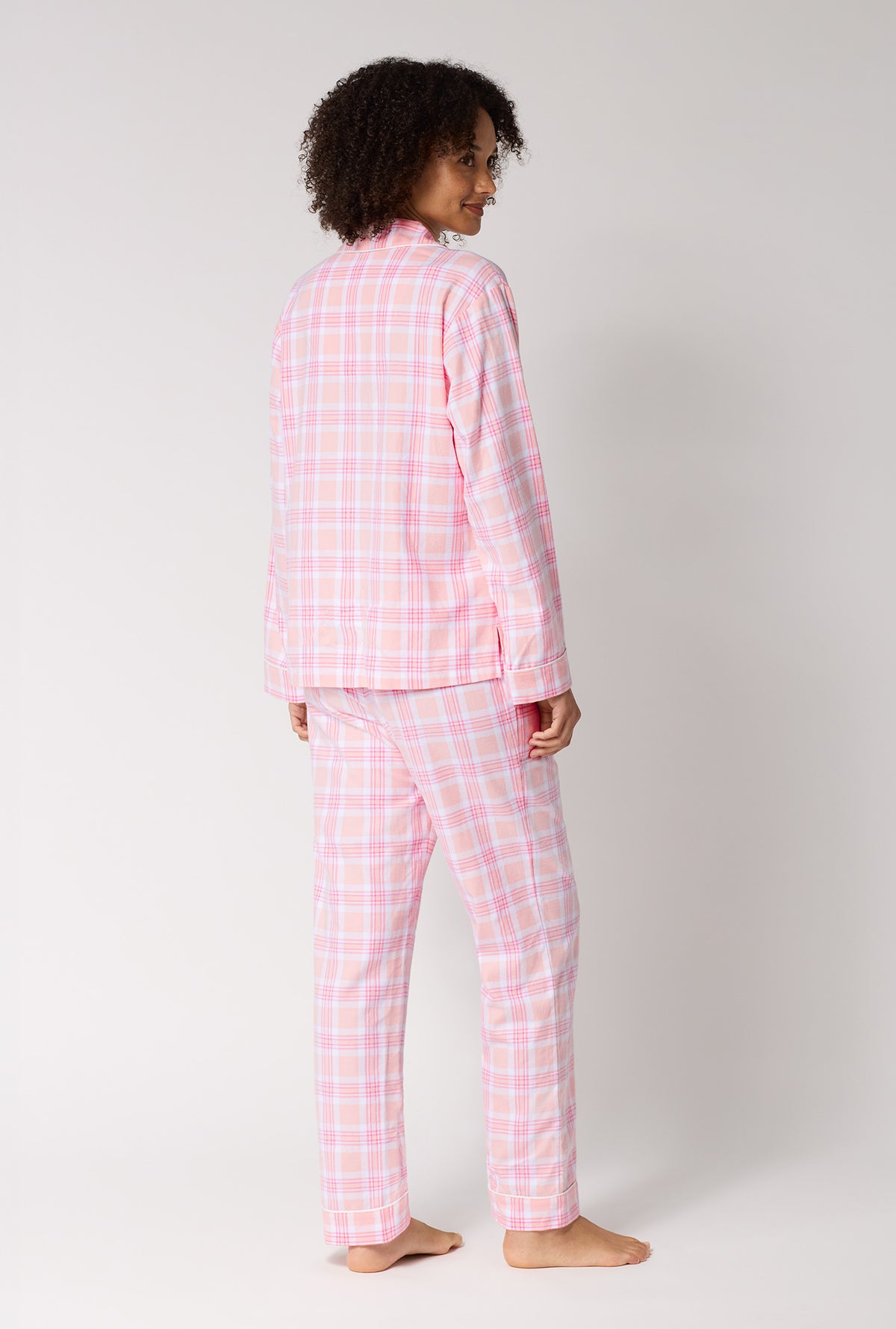 A lady wearing Prairie Plaid Long Sleeve Classic Woven Portuguese Flannel Pj Set back view