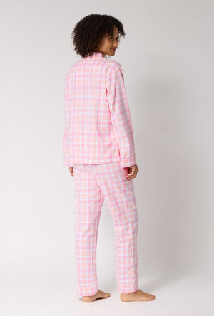 A lady wearing Prairie Plaid Long Sleeve Classic Woven Portuguese Flannel Pj Set back view