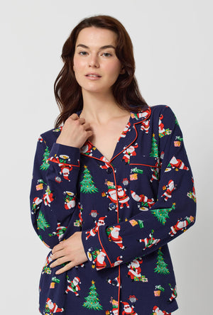 A lady wearing Santa's Night Out Long Sleeve Classic Stretch Jersey Pj Set closer look