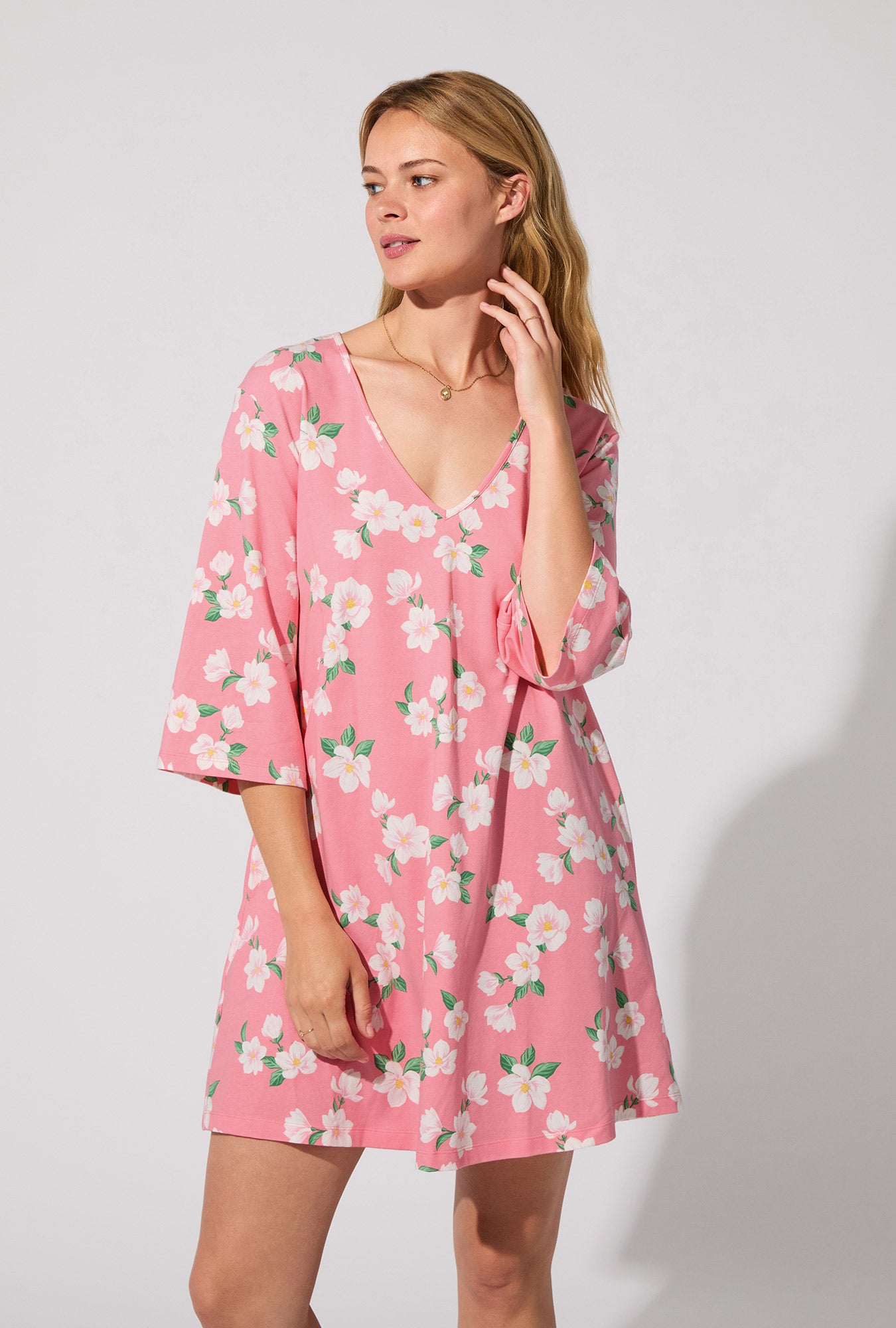 A lady wearing Pink Magnolias Stretch Jersey Sleep Dress