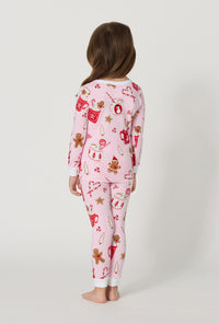 A Girl wearing Candy And Cocoa Long Sleeve Stretch Jersey Kids Pj Set back view