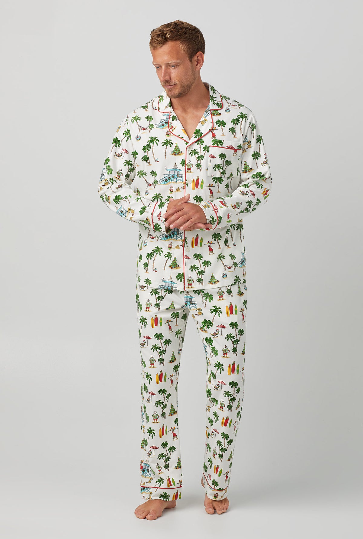 A man wearing white  Long Sleeve Classic Stretch Jersey PJ Set with Deck The Palms print