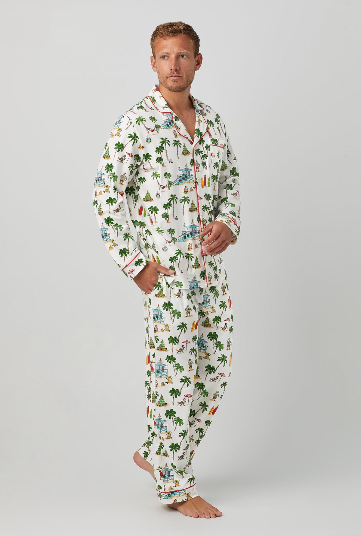 A man wearing white  Long Sleeve Classic Stretch Jersey PJ Set with Deck The Palms print