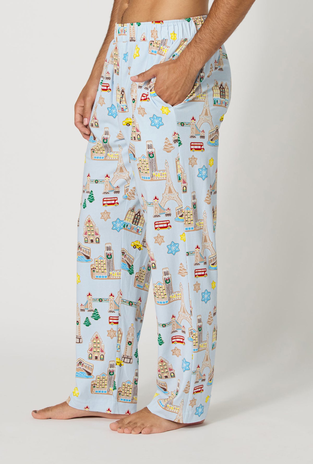 A Man wearing Gingerbread City Men's Stretch Jersey Pj Pant side view