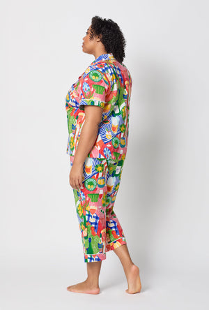A lady wearing plus size Picnic In The Park Short Sleeve Classic Stretch Jersey Cropped Pj Set