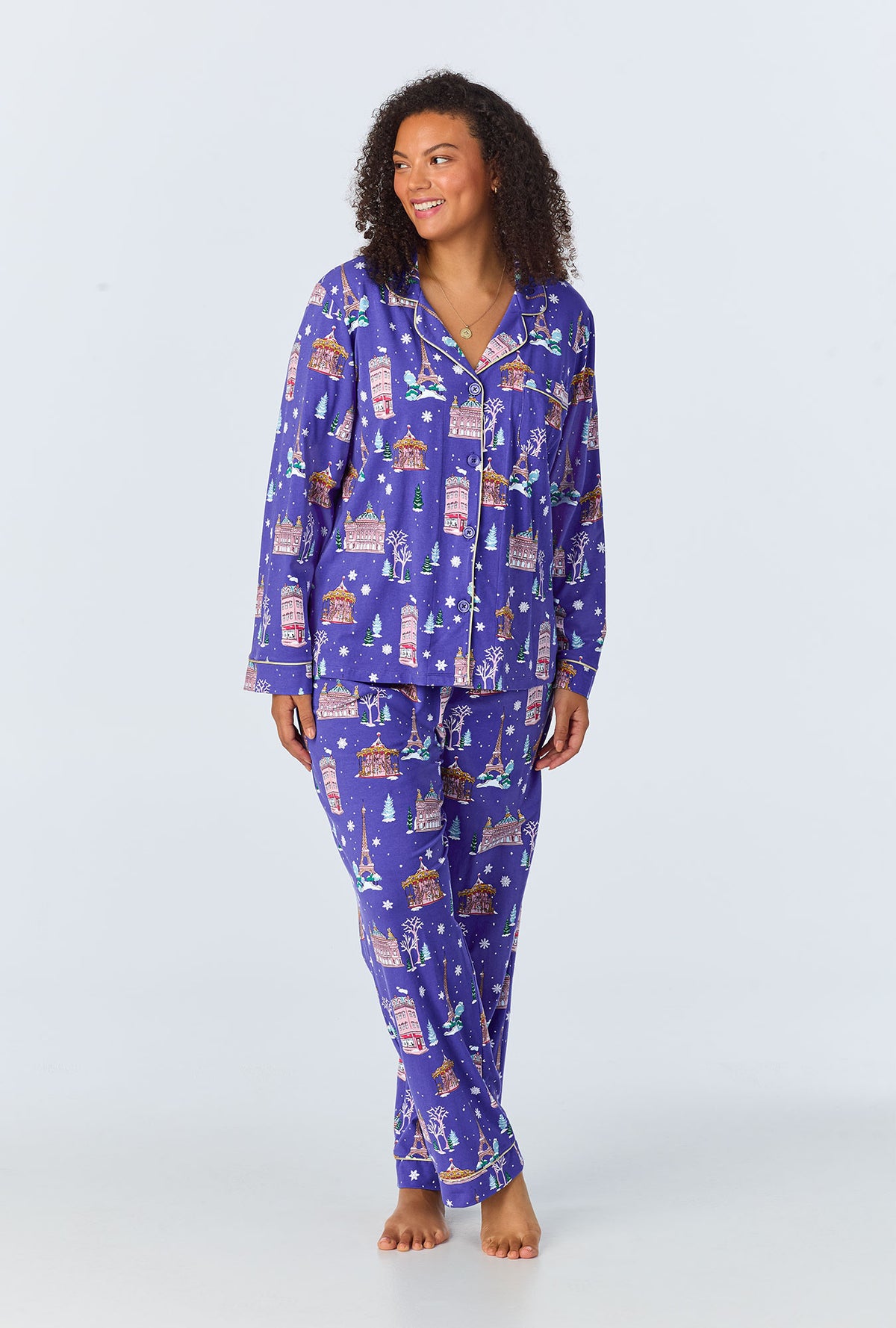 A lady wearing Winter in Paris Long Sleeve Classic Stretch Jersey PJ Set