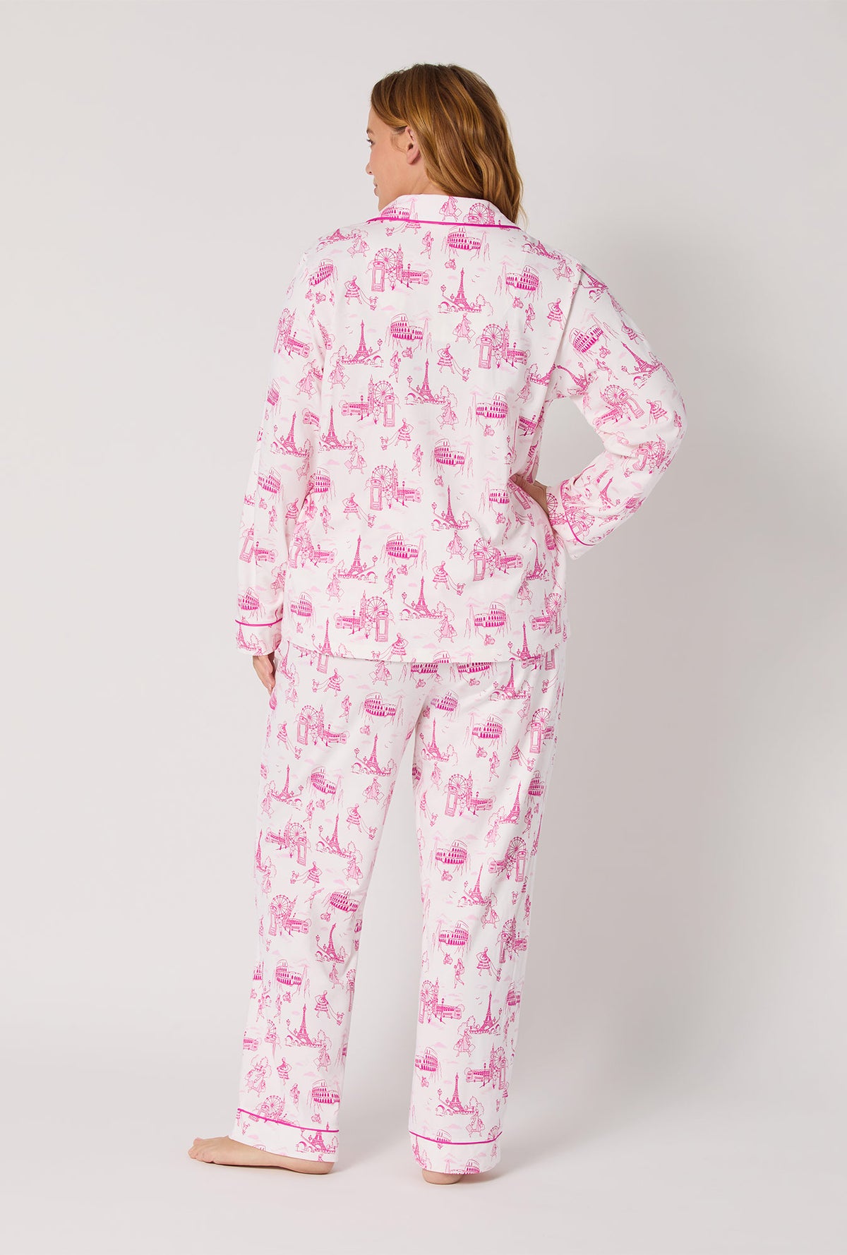 A lady wearing Jet Setter Long Sleeve Classic Stretch Jersey Pj Set