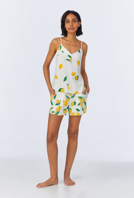 A lady wearing White and  Yellow Cami Stretch Jersey Shorty PJ Set front view