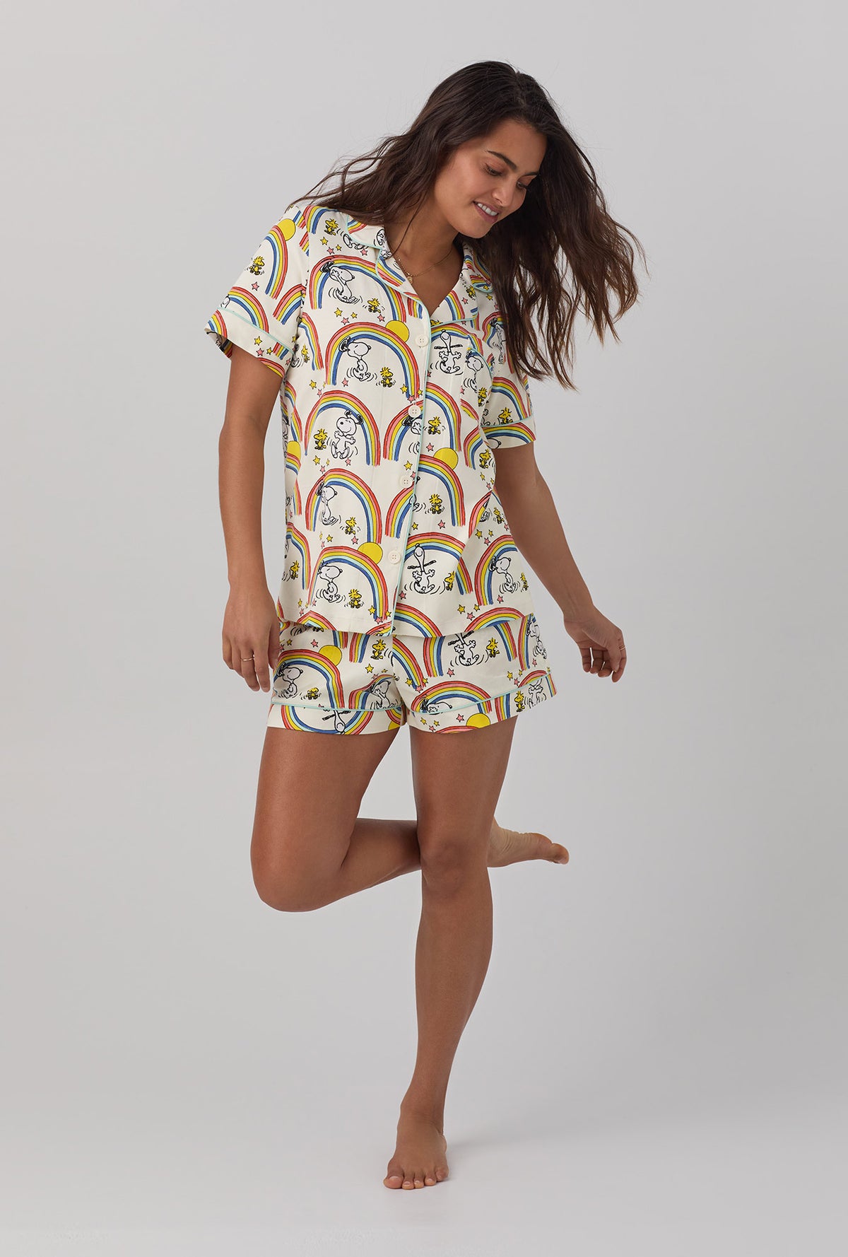 A lady wearing white Short Sleeve Classic Shorty Stretch Jersey PJ Set with Sunshine Snoopy  print.