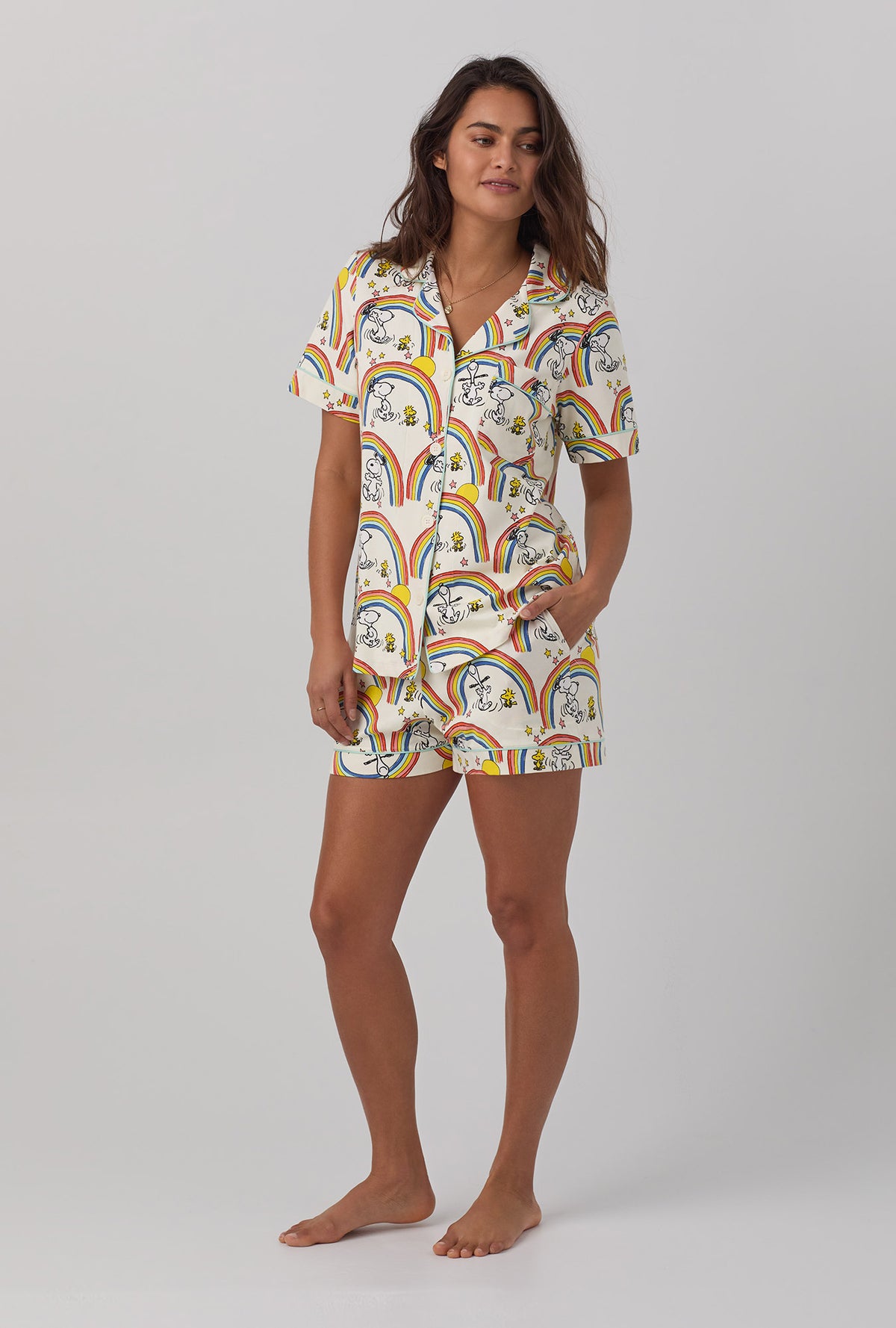 A lady wearing white Short Sleeve Classic Shorty Stretch Jersey PJ Set with Sunshine Snoopy  print.