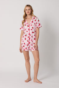A Lady Wearing Berry Souffle Short Sleeve Classic Shorty Stretch Jersey PJ Set Front View