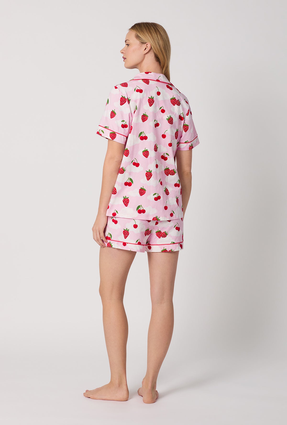 A Lady Wearing Berry Souffle Short Sleeve Classic Shorty Stretch Jersey PJ Set Back View