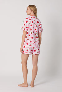 A Lady Wearing Berry Souffle Short Sleeve Classic Shorty Stretch Jersey PJ Set Back View