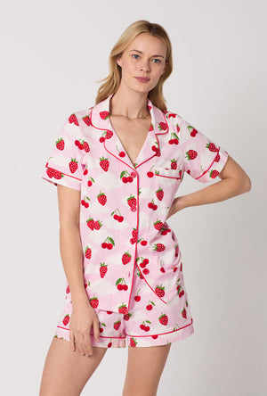 A Lady Wearing Berry Souffle Short Sleeve Classic Shorty Stretch Jersey PJ Set Closeup View