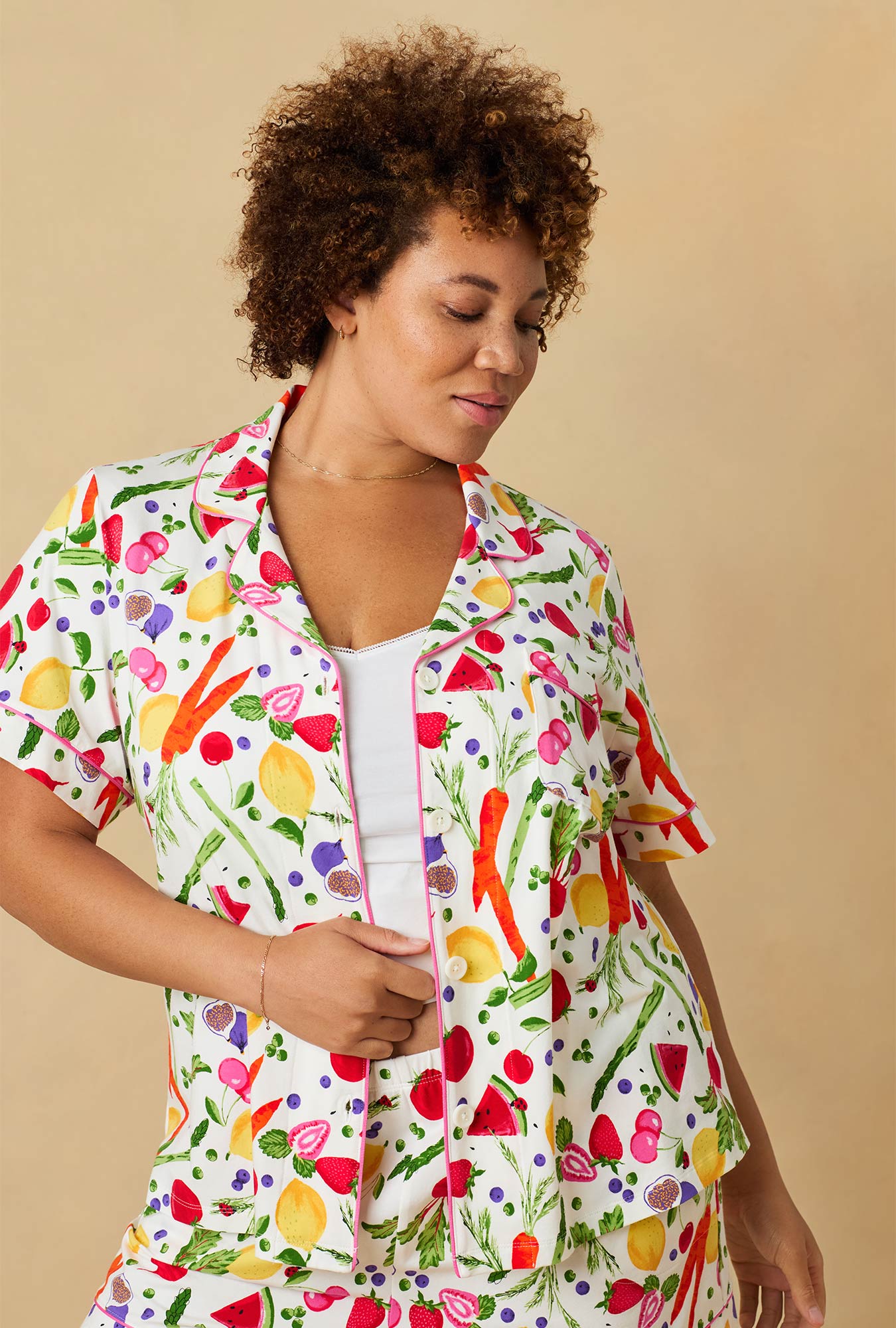 A lady wearing Organic Garden Short Sleeve Classic Shorty Stretch Jersey Pj Set