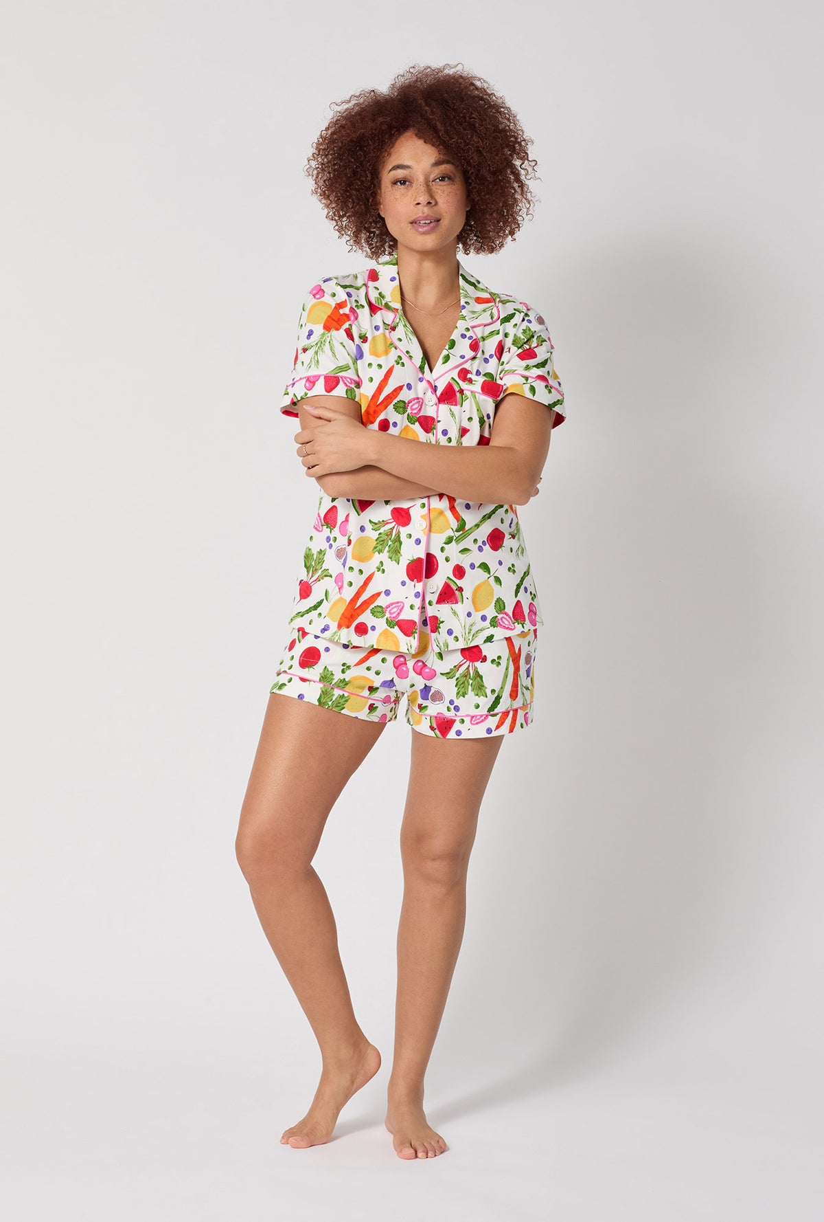A lady wearing Organic Garden Short Sleeve Classic Shorty Stretch Jersey Pj Set