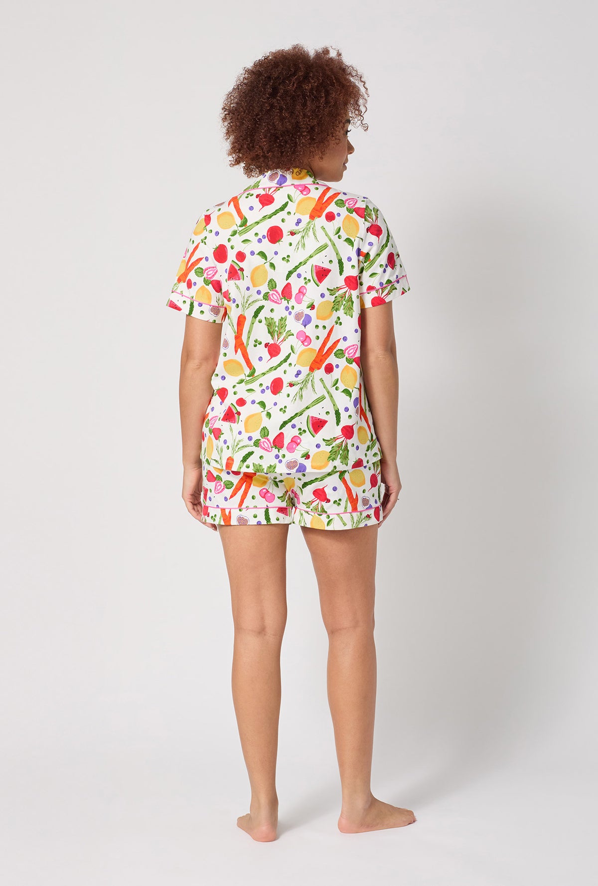 A lady wearing Organic Garden Short Sleeve Classic Shorty Stretch Jersey Pj Set