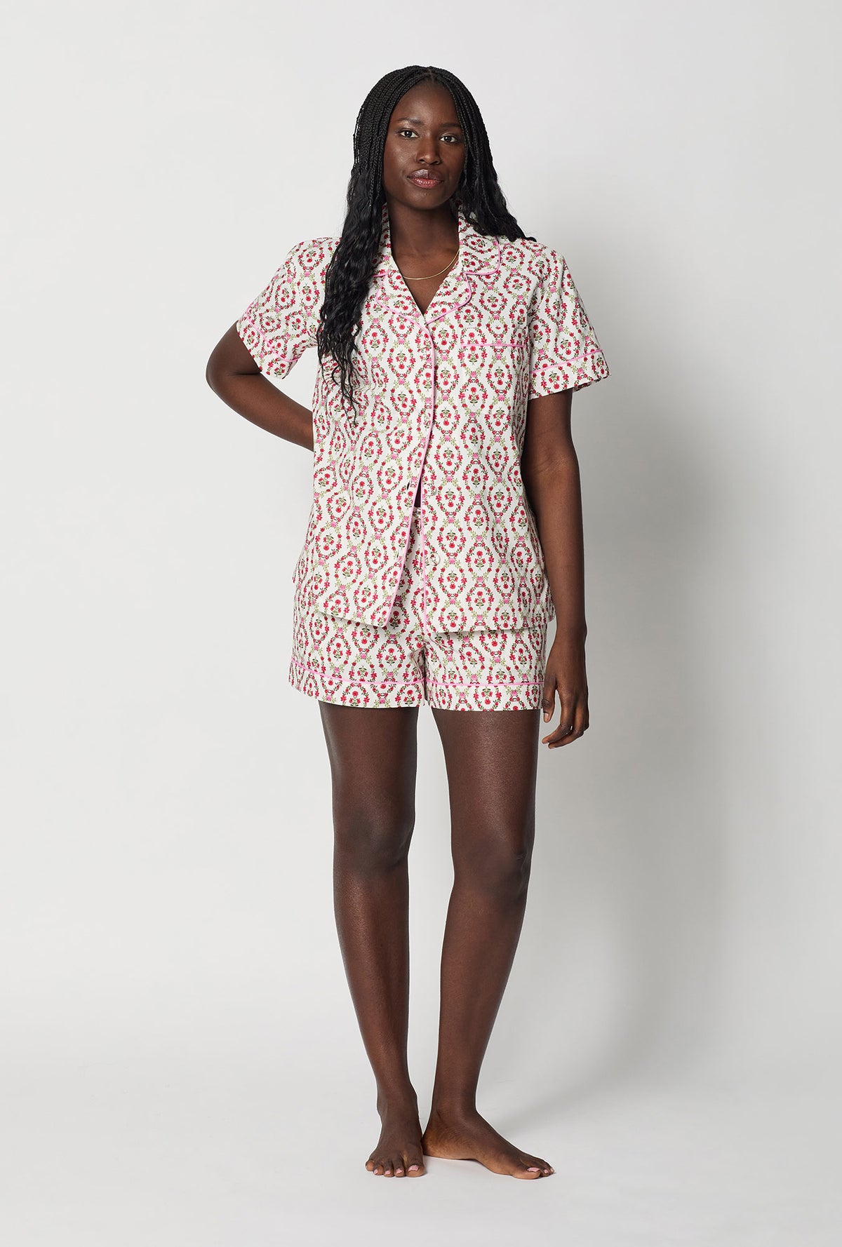 A lady wearing Olivia Short Sleeve Classic Woven Cotton Poplin Shorty Pj Set