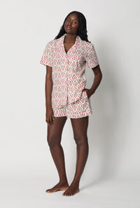 A lady wearing Olivia Short Sleeve Classic Woven Cotton Poplin Shorty Pj Set