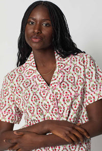 A lady wearing Olivia Short Sleeve Classic Woven Cotton Poplin Shorty Pj Set