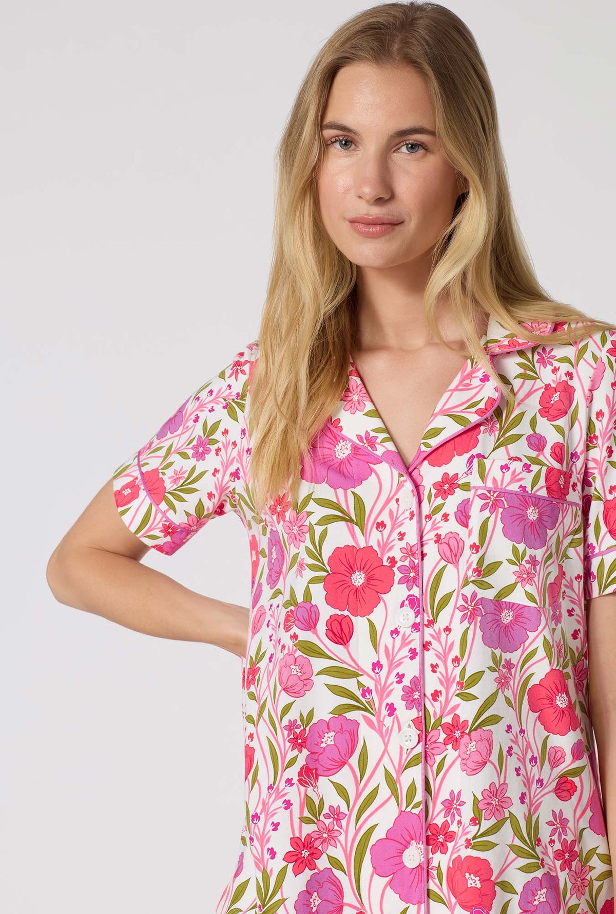 A Lady Wearing Josephine Short Sleeve Classic Shorty Stretch Jersey Pj Set in a zoomed close up view pose