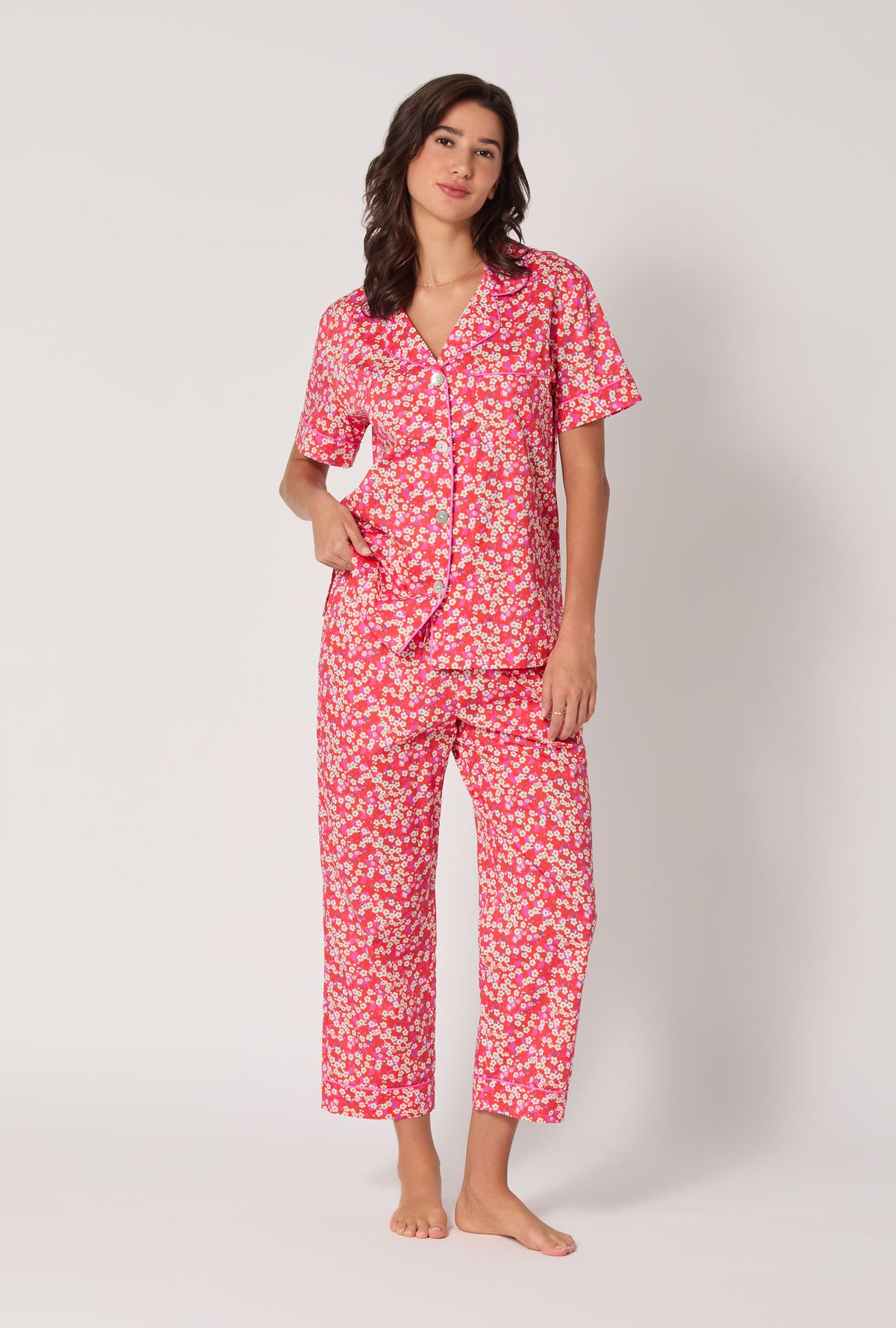 A Lady wearing Mitsi Short Sleeve Classic Woven Tana Lawn® Cropped Pj Set Made With Liberty Fabric