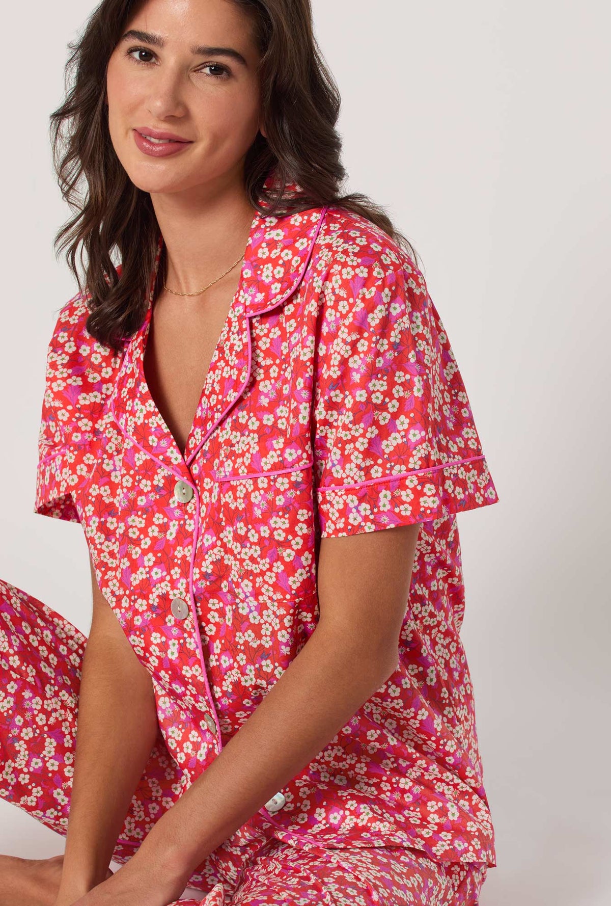 A Lady wearing Mitsi Short Sleeve Classic Woven Tana Lawn® Cropped Pj Set Made With Liberty Fabric