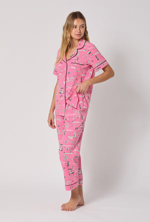 A lady wearing Putting Pink Short Sleeve Classic Stretch Jersey Cropped Pj Set