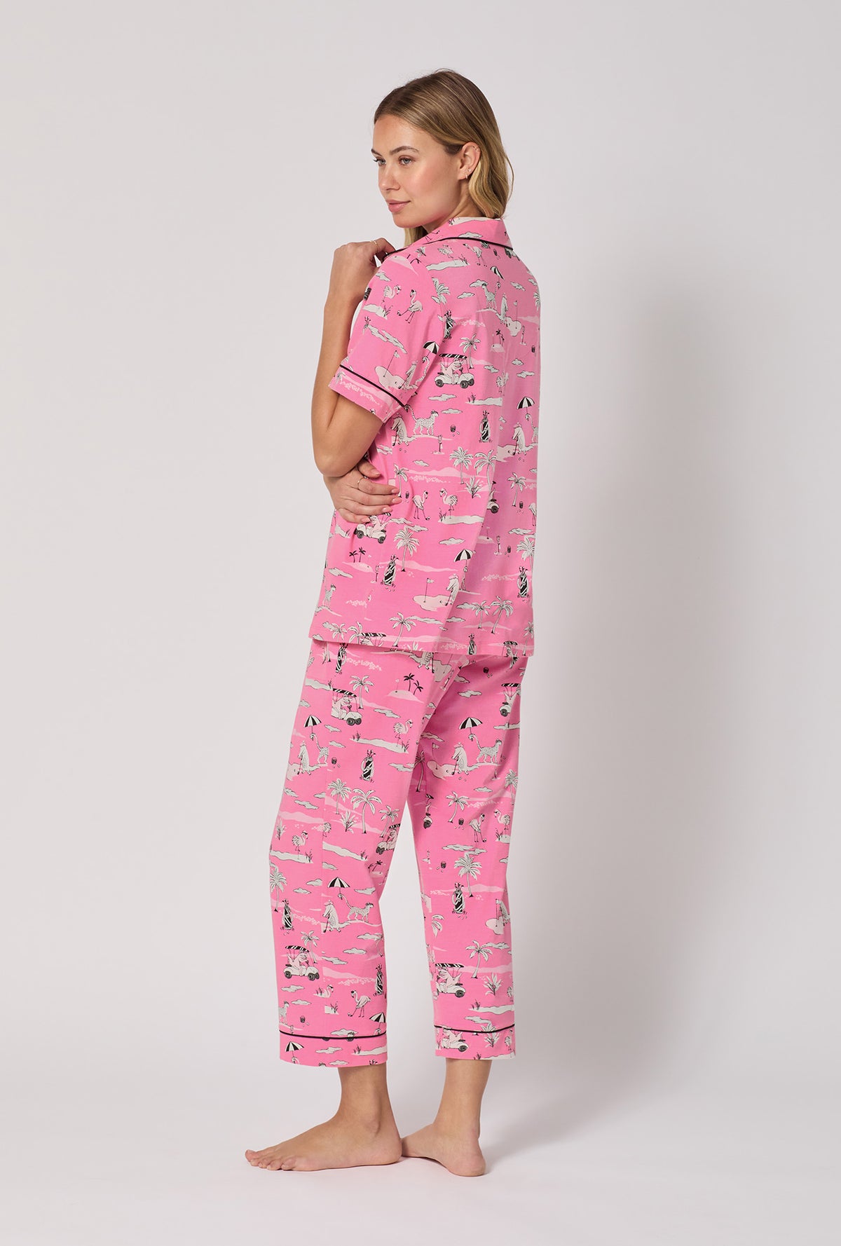 A lady wearing Putting Pink Short Sleeve Classic Stretch Jersey Cropped Pj Set