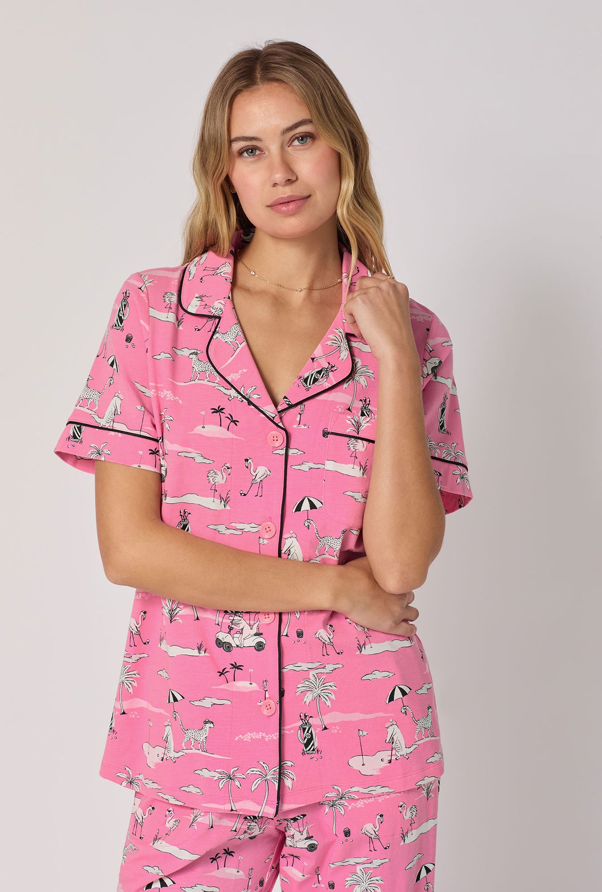 A lady wearing Putting Pink Short Sleeve Classic Stretch Jersey Cropped Pj Set