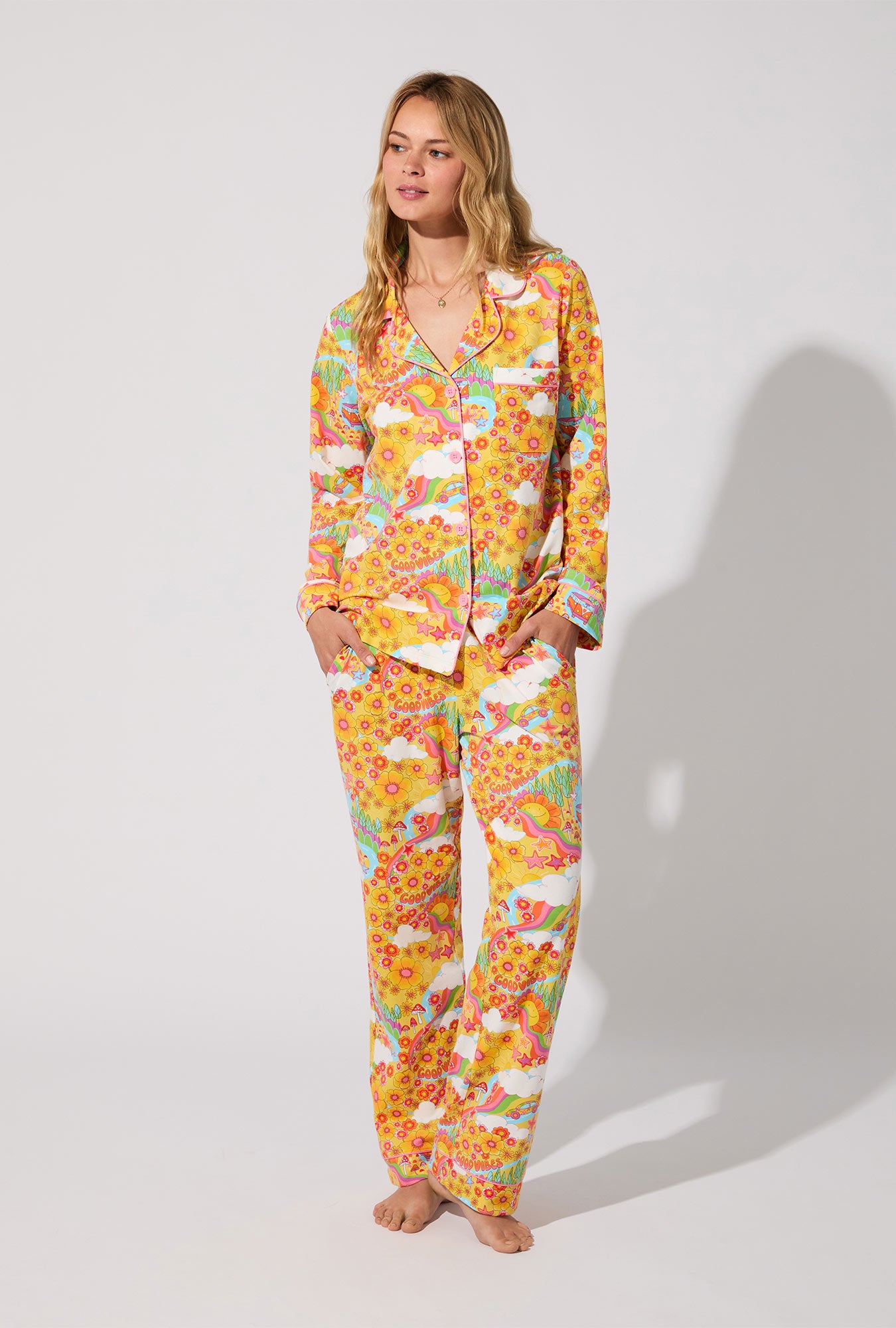 A lady wearing Good Vibes Long Sleeve Classic Stretch Jersey PJ Set