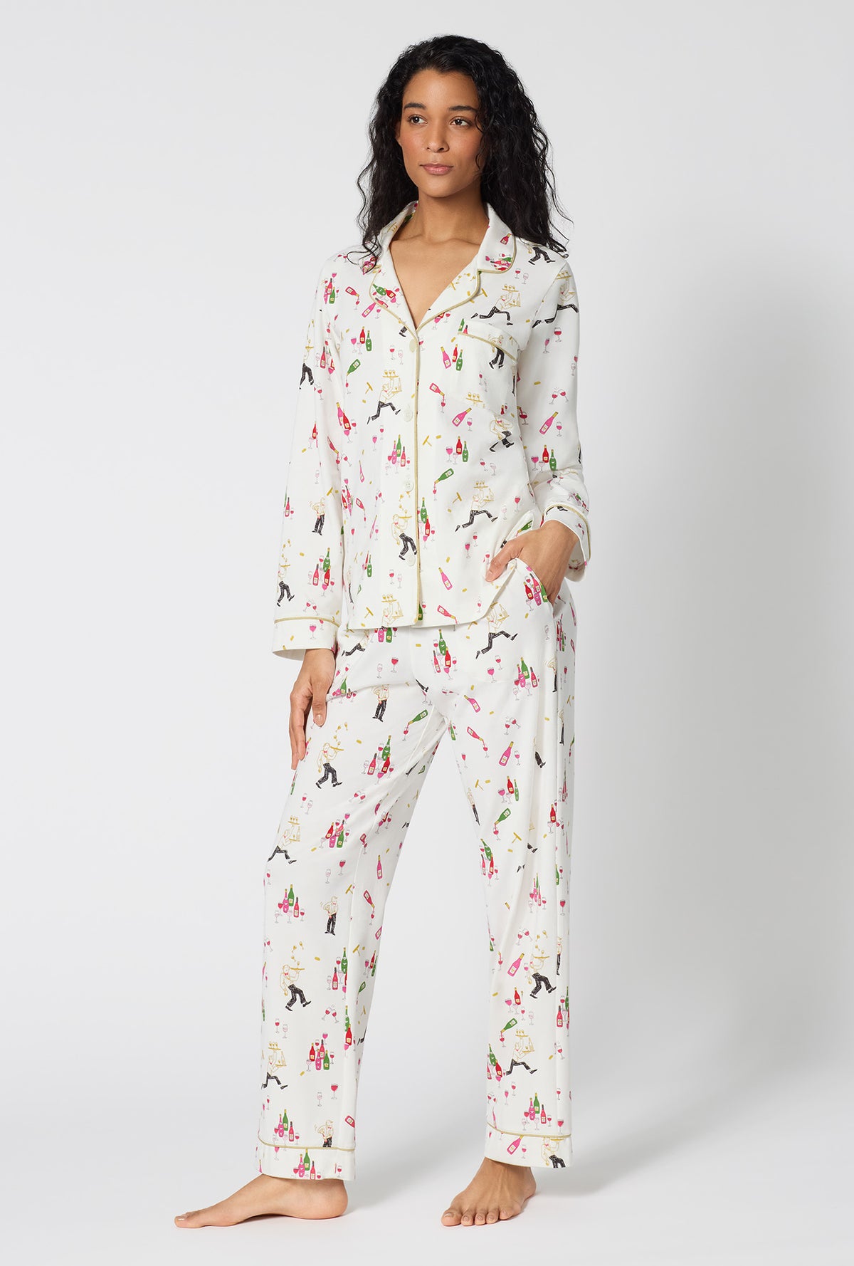 A Lady Wearing Bar A Vin Long Sleeve Classic Stretch Jersey Pj Set facing front in a standing pose