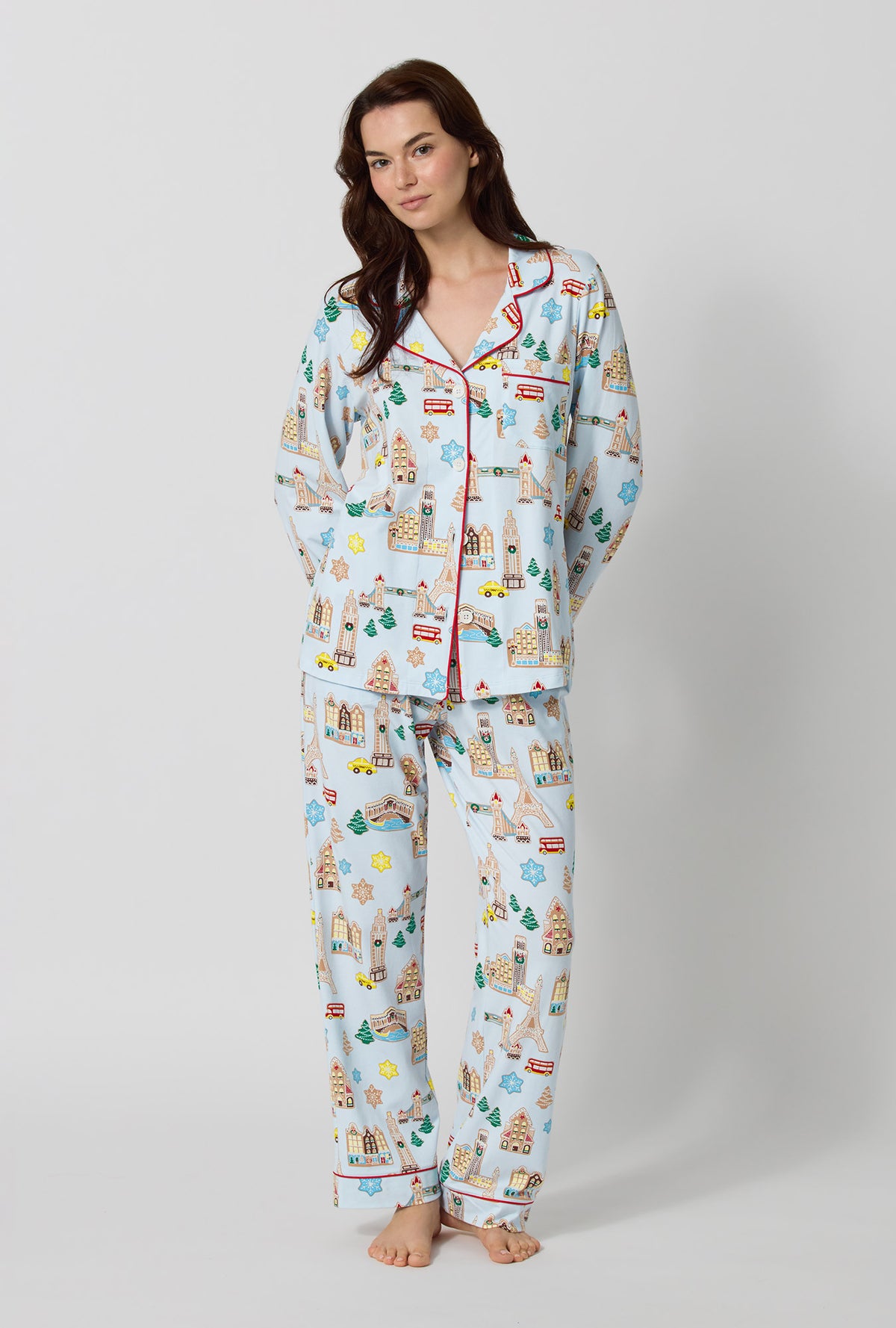 A lady wearing Gingerbread City Long Sleeve Classic Stretch Jersey Pj Set