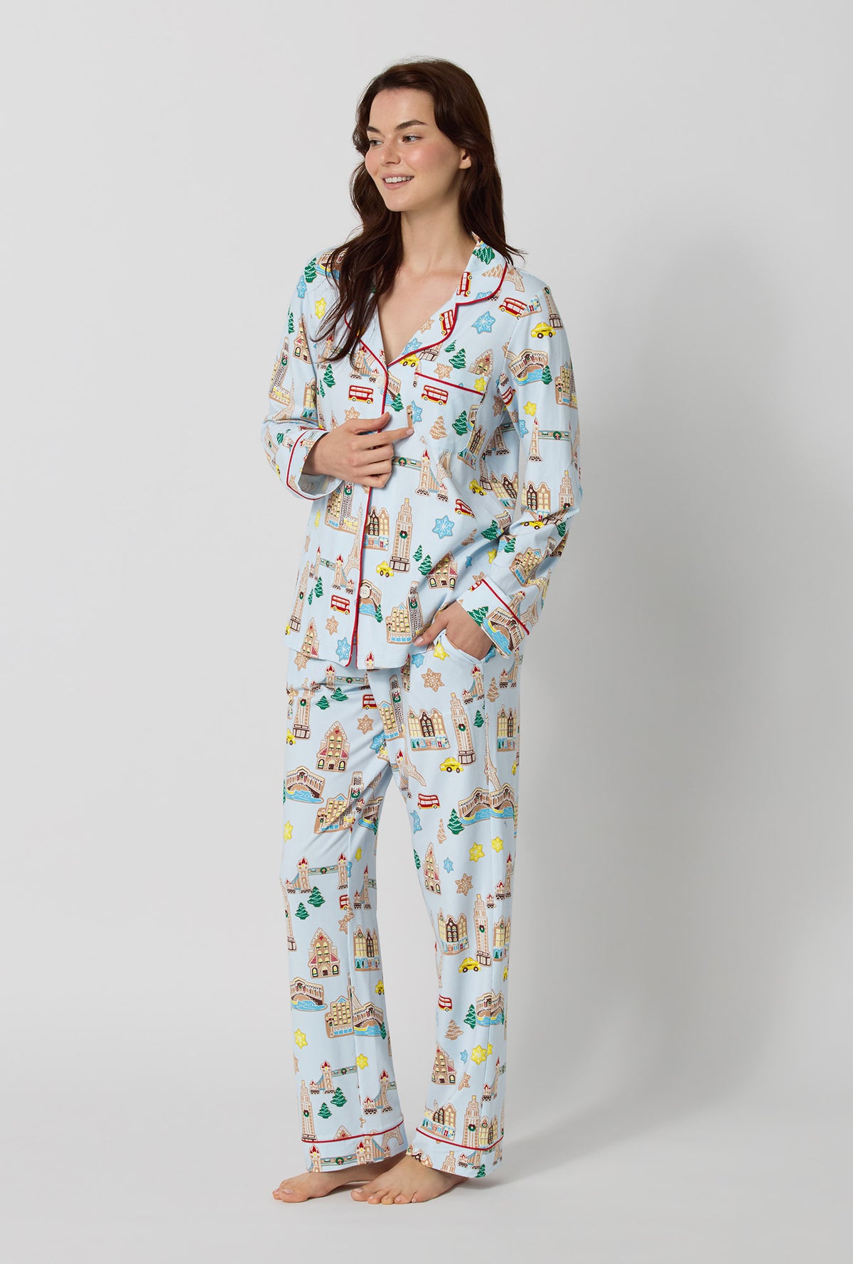 A lady wearing Gingerbread City Long Sleeve Classic Stretch Jersey Pj Set looking side