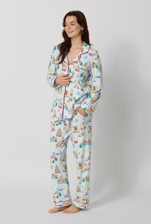 A lady wearing Gingerbread City Long Sleeve Classic Stretch Jersey Pj Set looking side