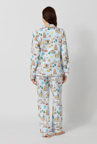 A lady wearing Gingerbread City Long Sleeve Classic Stretch Jersey Pj Set back view