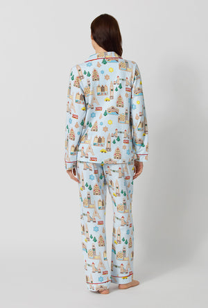 A lady wearing Gingerbread City Long Sleeve Classic Stretch Jersey Pj Set back view