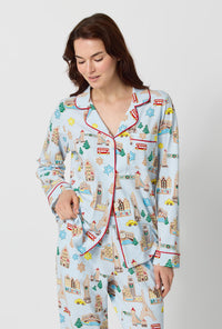 A lady wearing Gingerbread City Long Sleeve Classic Stretch Jersey Pj Set closer look