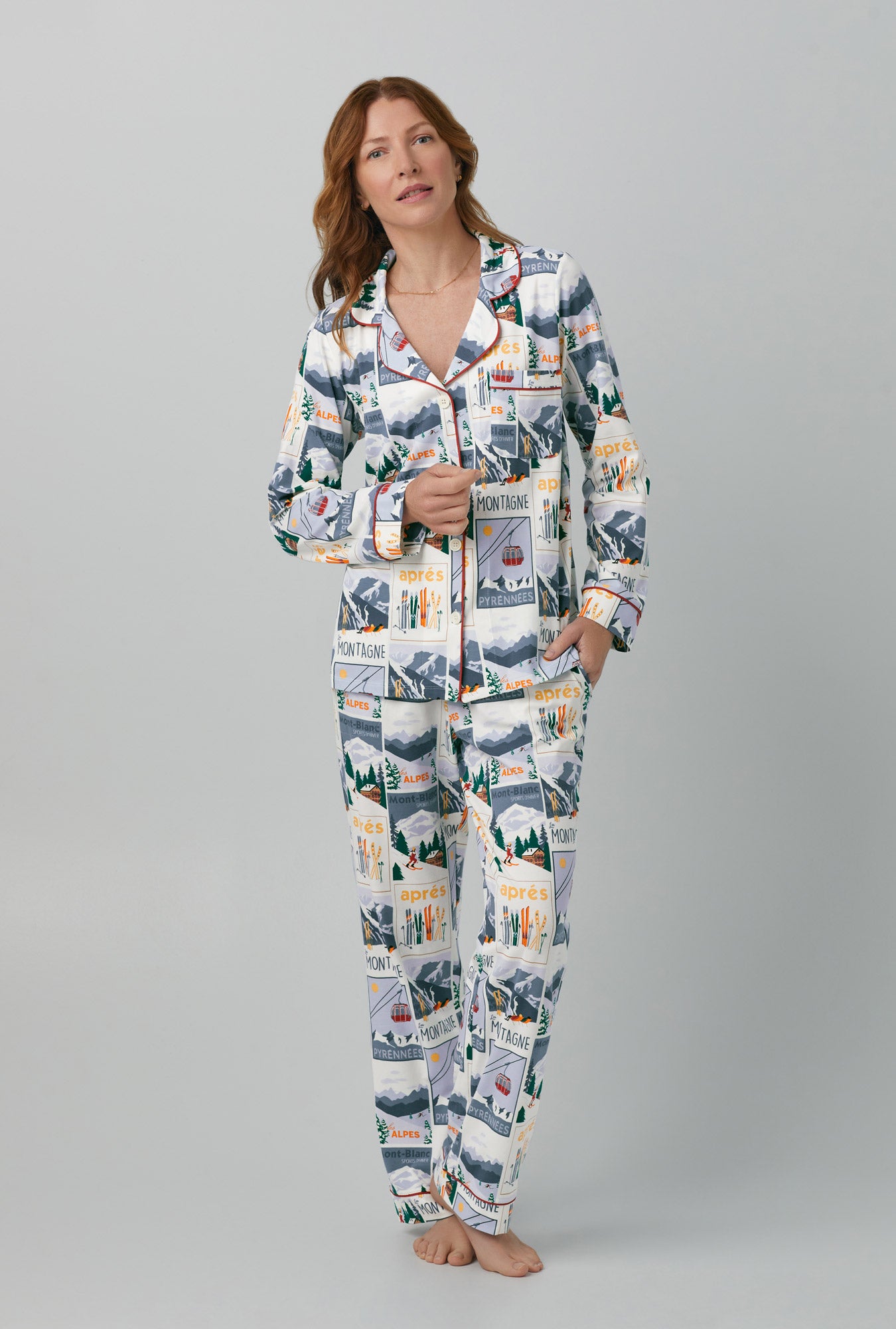 A lady wearing Long Sleeve Classic Stretch Jersey PJ Set with Holiday Getaway print