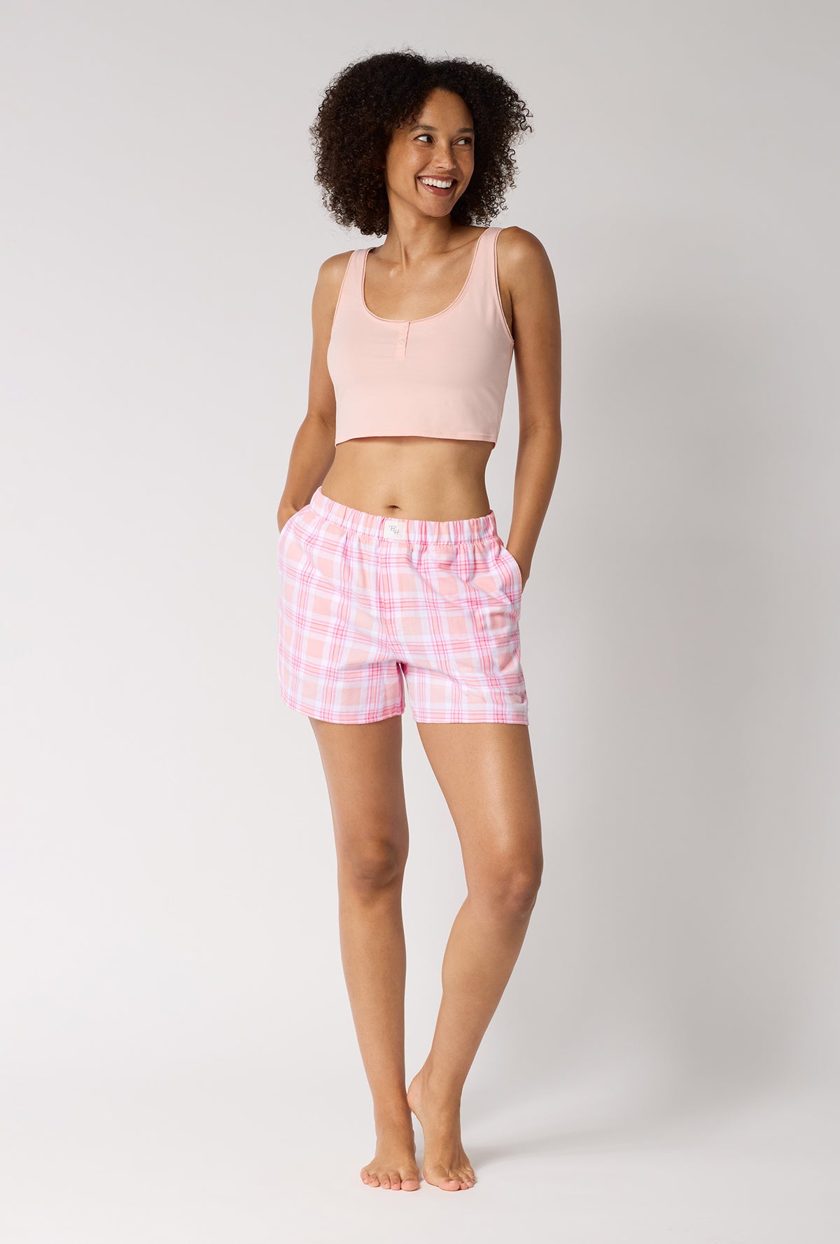 A lady wearing Prairie Plaid Woven Portuguese Flannel Boxer Short 