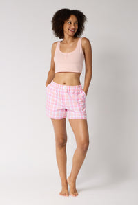 A lady wearing Prairie Plaid Woven Portuguese Flannel Boxer Short 